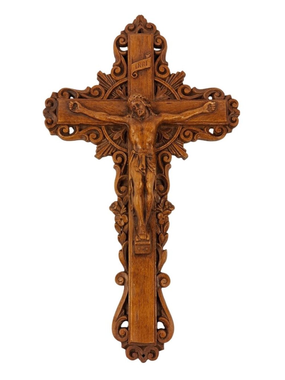 Vtg Burwood Faux Wood Ornate Jesus Crucifix w/INRI Religious Cross 13" x 8.5" - Picture 1 of 14